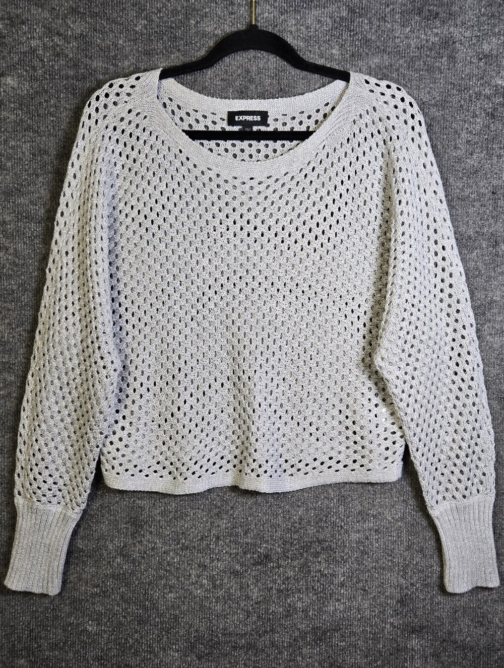 Express Sweater Womens M Light Gray Metallic Shimmer Open Knit Dolman